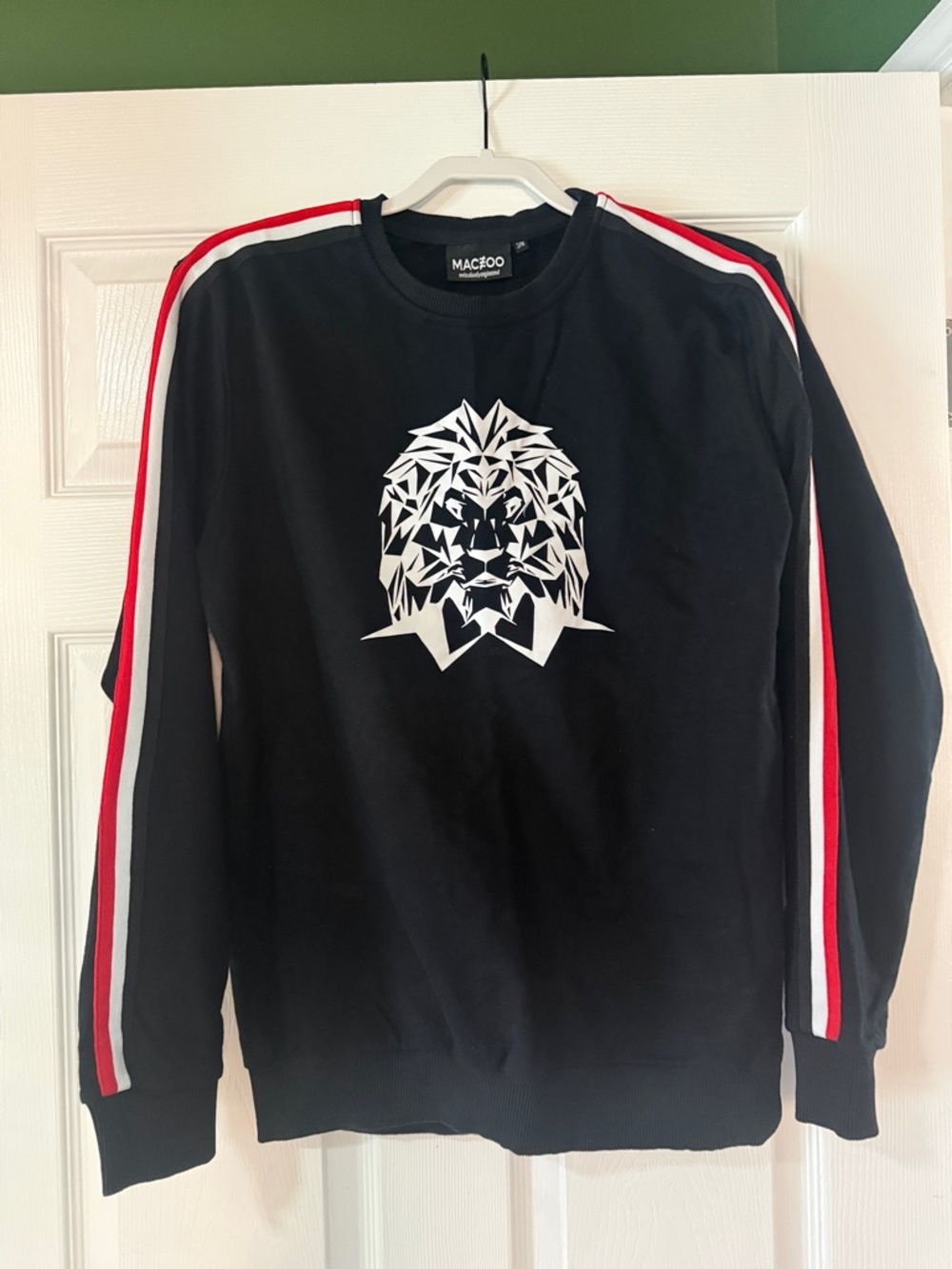 MAC&OO Black Lion Graphic Crewneck with Red & White Stripe